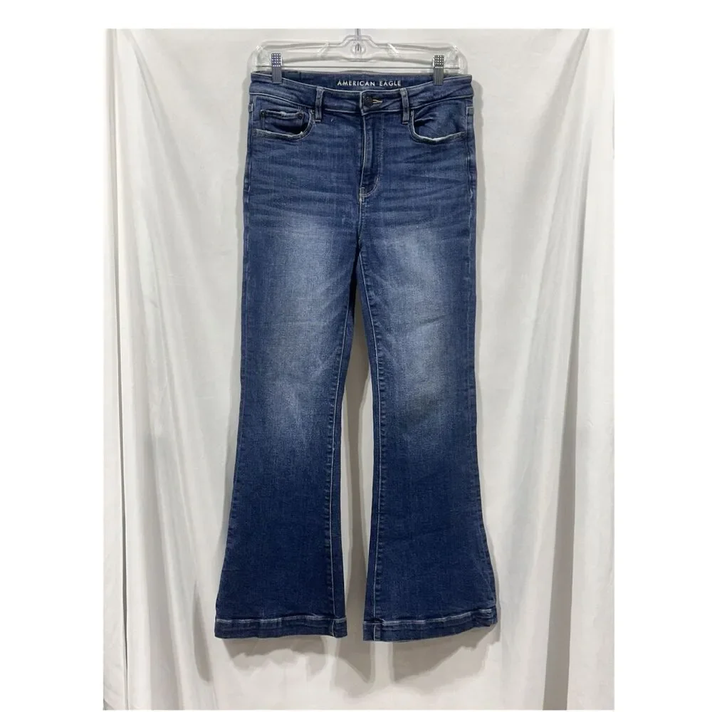 American Eagle Womens Super Hi-Rise Flare Jeans Medium Wash Blue Stretch Size 6
